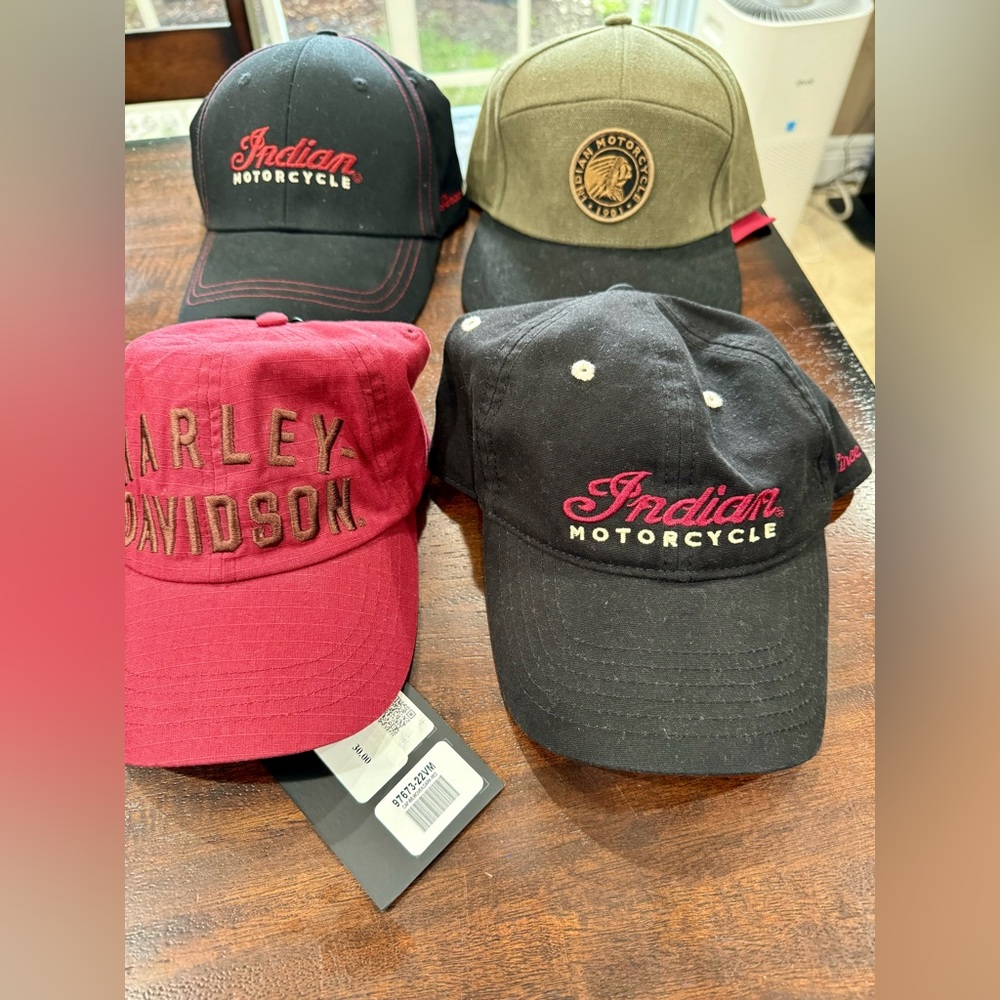 Indian Motorcycle and Harley Davidson Caps - Red, Black, and Green